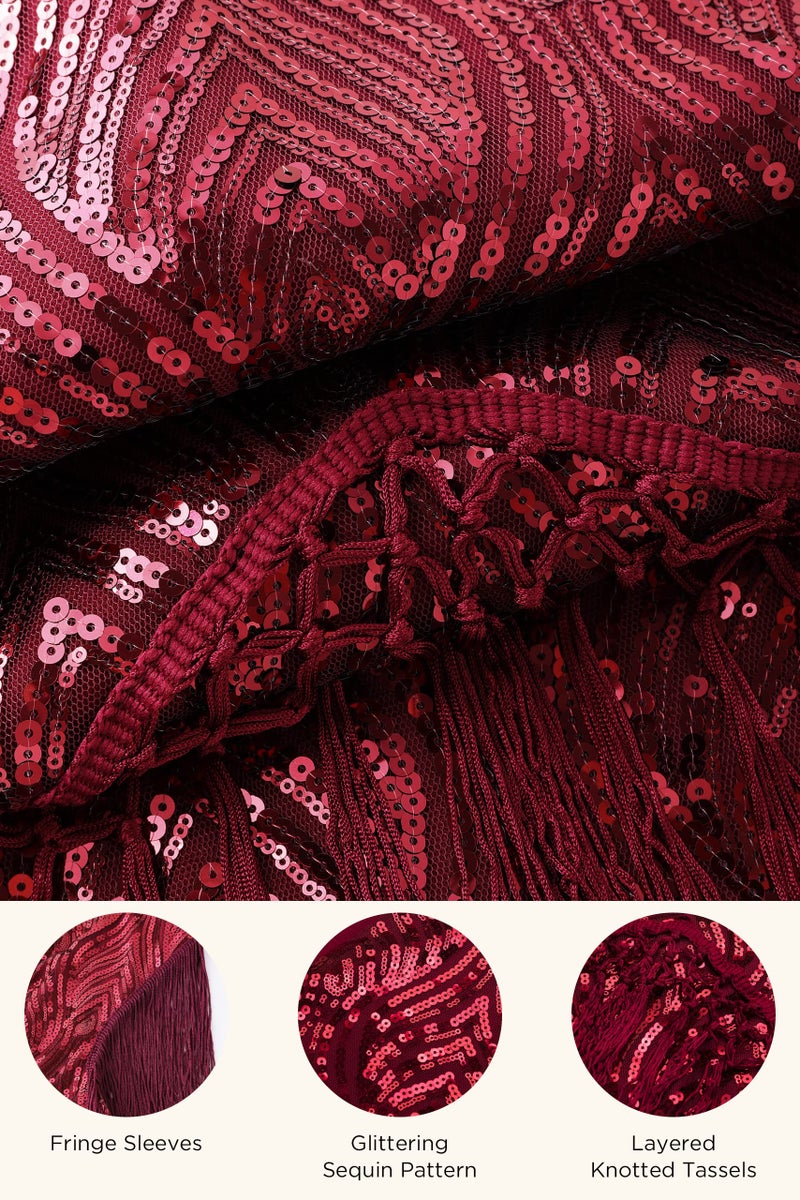 BABEYOND 1920s Flapper Long Fringed Gatsby Dress - Roaring 20s Sequins Beaded Vintage Art Deco - Wine Red - Image 4